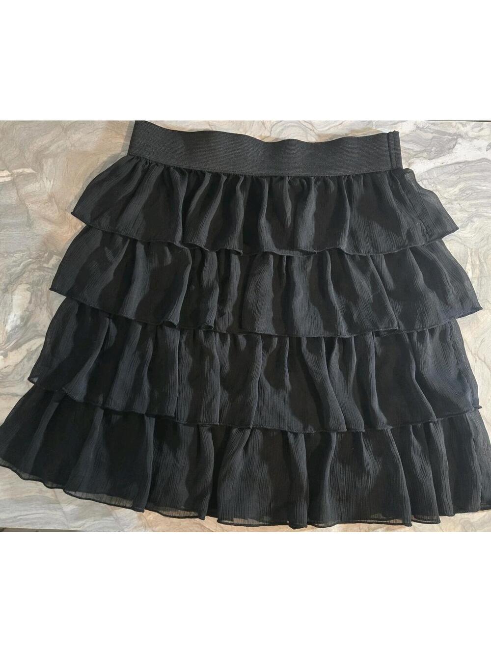 IZ Byer Black Mini Flare Woman’s Skirt L Ruffle Layer Elastic Waist